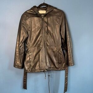 Y2K Wilson's Leather Hooded Jacket Women's Size Small Belt Drawstring Quilted‎